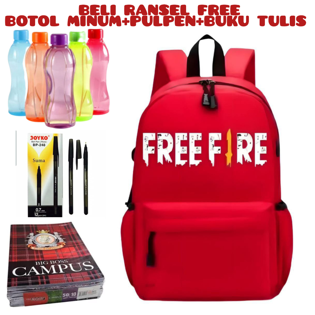 JS_  Beli 1 Dapat 4-Tas Sekolah FREEFIRE Anak Laki-Laki Anak Perempuan Backpack Sekolah Anak TK SD Beli Ransel Free Botol Minum+Pulpen+Buku Tulis