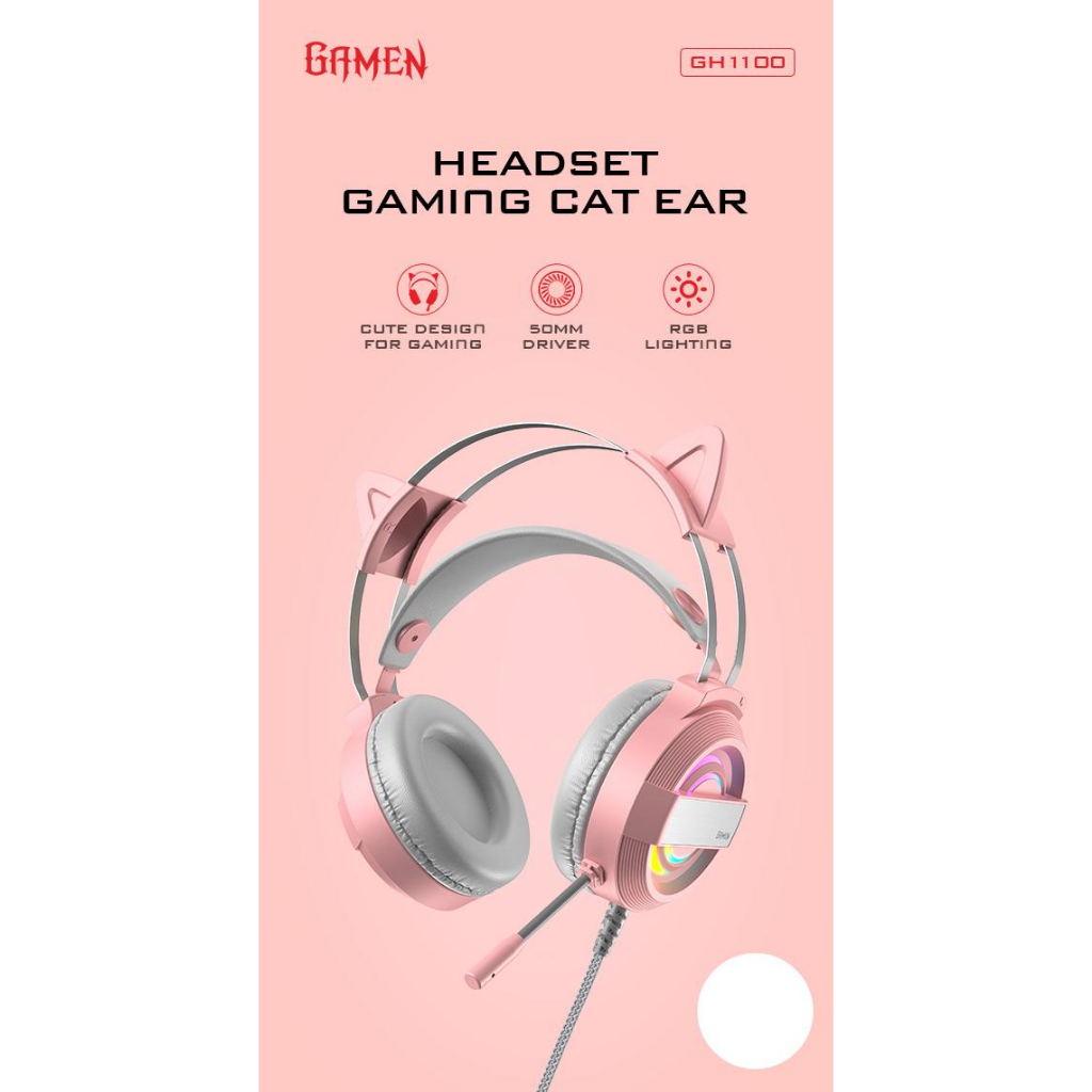 GAMEN Headphone Gaming Cat Ear GH1100 Pink LED RGB Lighting Original Bass - Garansi 1 Tahun