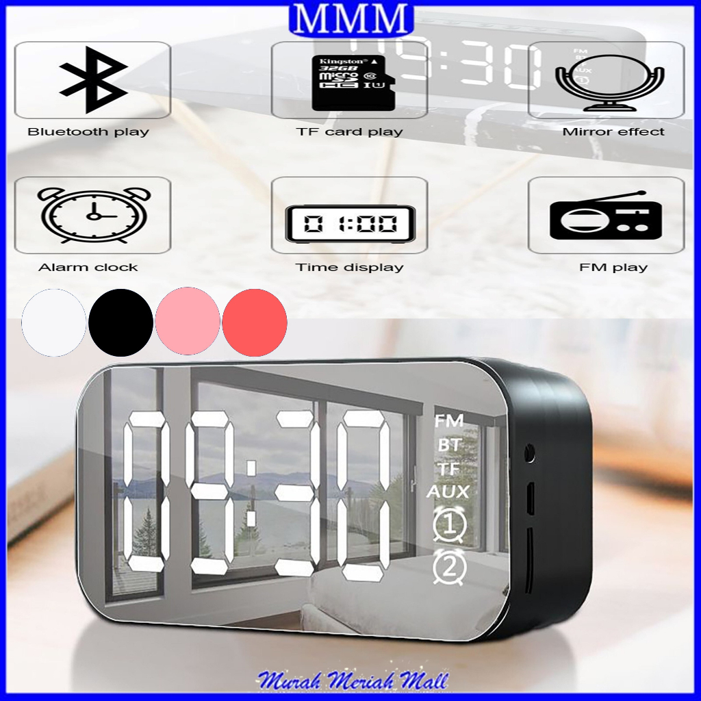 MMM Jam Speaker Bluetooth Portable Sound Clock Alarm Digital RadioFM Nirkabel Bass Mini Stereo Wireless Alarm LED Mirror Display Ultra Bass 2 Bluetooth 5.0 Audio