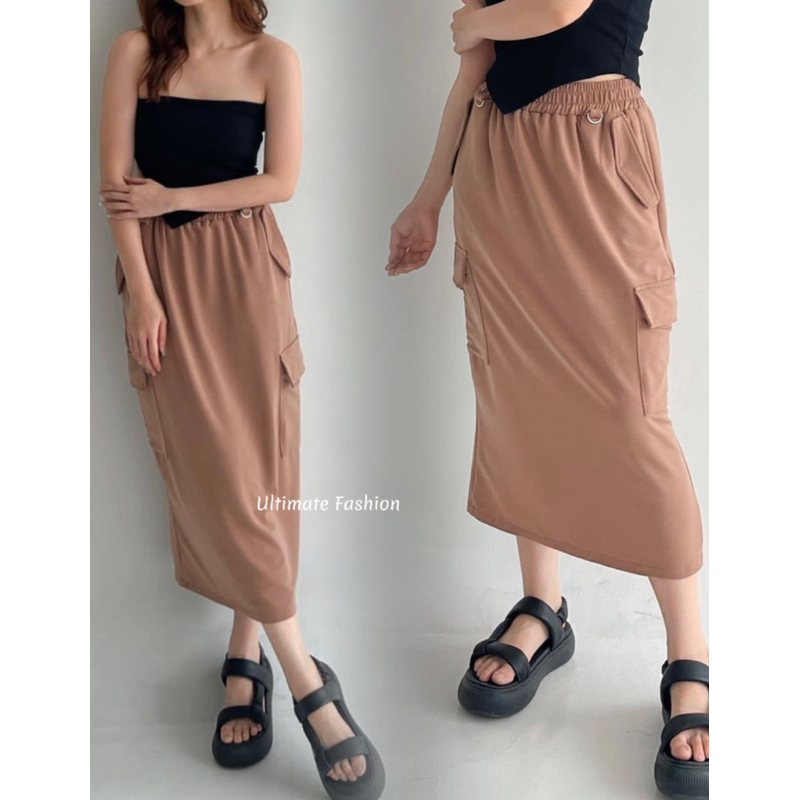 Alexa Cargo Skirt - Rok Midi Wanita Import - Cargo Pocket - Rok Kargo Korea