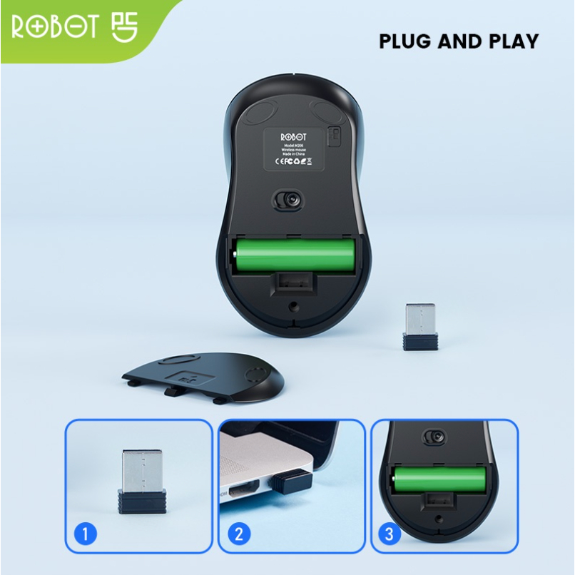 ROBOT Mouse Wireless M206 2.4GHz Optical 1600DPI Kursor Akurat Cocok untuk PC Laptop Original - Garansi 1 Tahun
