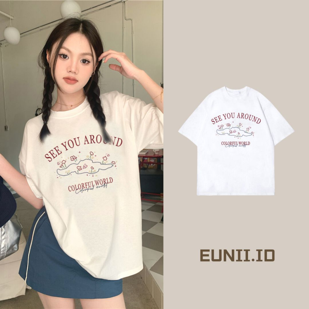 EUNII T-shirt Lengan Pendek Cartoon See You Around Korean Style/Kaos Atasan Wanita/Baju Kaus Oversize Wanita/Kaos Wanita