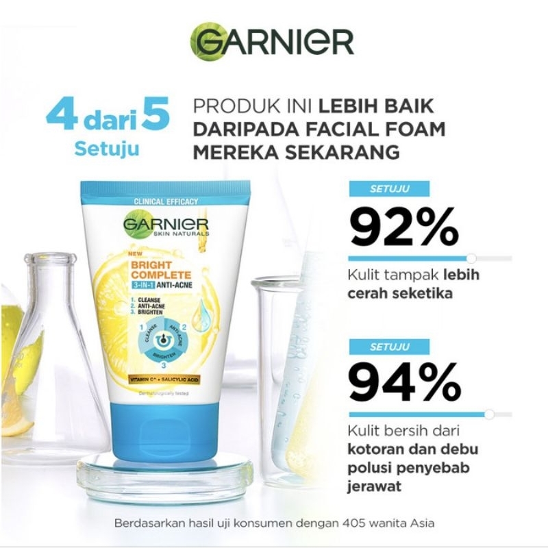 Garnier Bright Complete 3-in-1 Anti Acne Facial Wash Skin Care 90 ml (Wajah Cerah Bebas Jerawat)