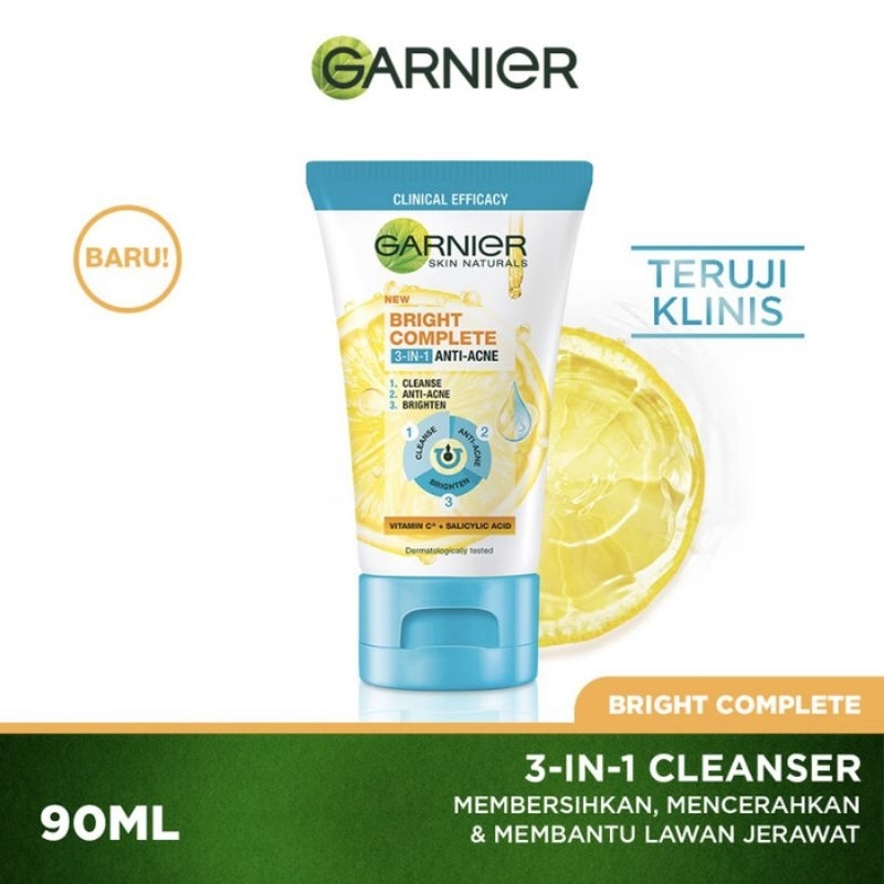 Garnier Bright Complete 3-in-1 Anti Acne Facial Wash Skin Care 90 ml (Wajah Cerah Bebas Jerawat)