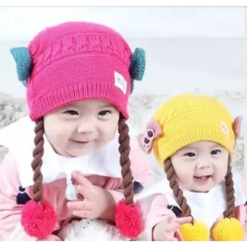 Topi Bayi kupluk rambut Kepang anak perempuan/Topi bayi rambut kepang motif pita