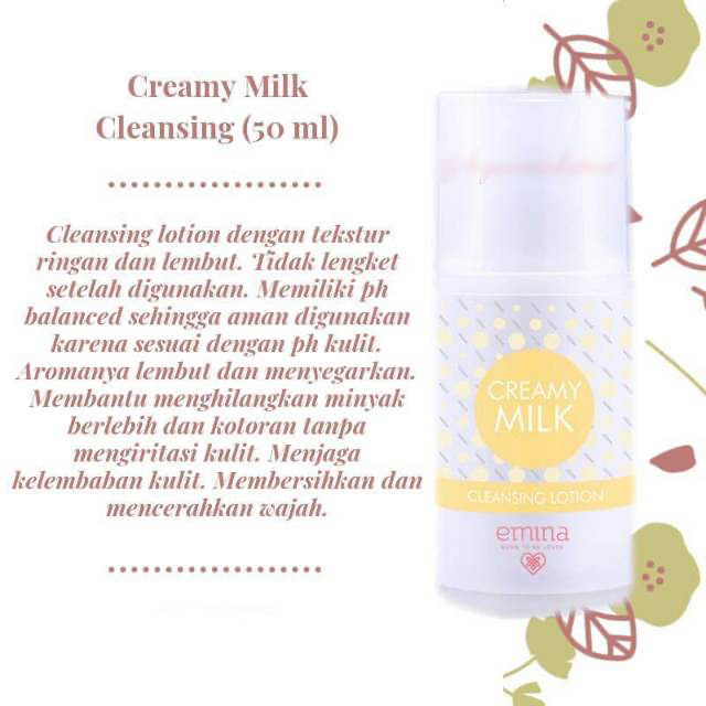 EMINA Creamy Milk Indonesia / Pembersih Wajah 50ml / Grape Seed Extract Vitamin B / Cleansing Lotion / Cleanser Facial Wash / Sabun Pencuci Cuci Muka / Lembut Ringan / pH Balance Untuk Semua Jenis Kulit / Skincare Face Care / Treatment Perawatan Series