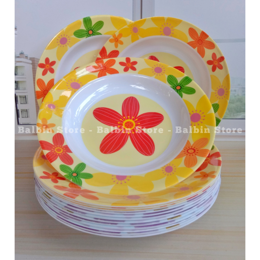 SATU LUSIN | 12 PCS PIRING MAKAN MELAMINE BESAR 23.CM | 9.INCH HIJAU MOTIF KUALITAS FOOD GRADE