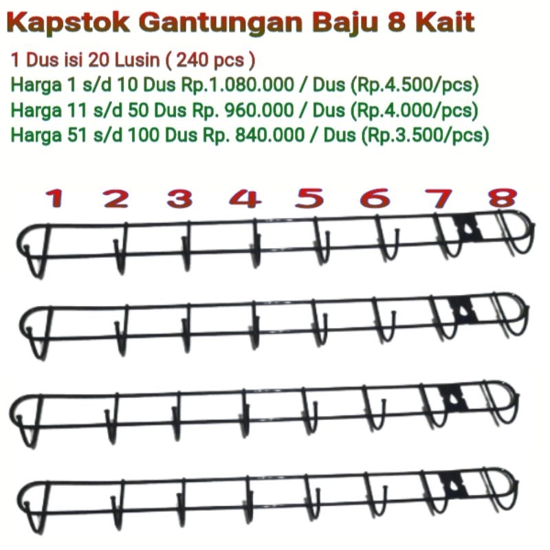 Kapstok 8 kait / Gantungan Dingding 8 Kait ( 1 Dus isi 20 Lusin )