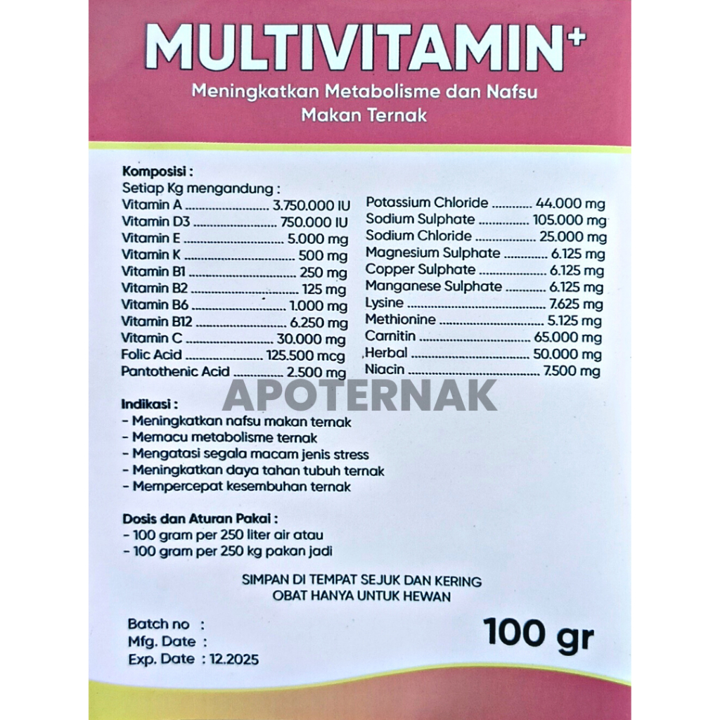 MULTIVITAMIN PLUS 100 gr - Suplemen Multivitamin+ dan Elektrolit untuk Nafsu Makan Ternak Kambing Domba Sapi