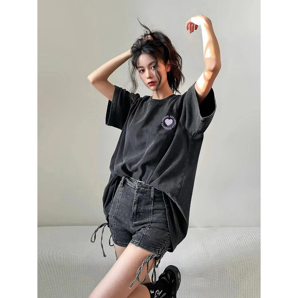 t shirt Hitam washed baju wanita kaos wanita kaos oversize atasan wanita t shirt Heart lengan pendek kaos pakaian