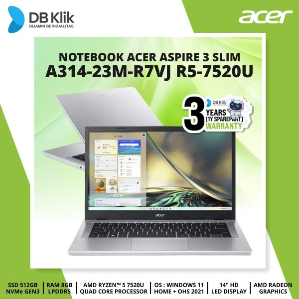 Notebook ACER Aspire 3 Slim A314-23M-R7VJ R5-7520U 8/512G W11+OHS 14&quot;