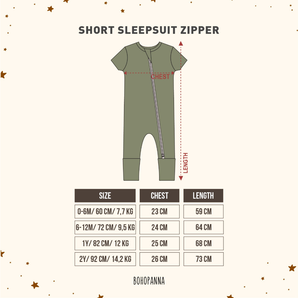 BOHOPANNA SHORT SLEEPSUIT ZIPPER / ZIPPER BAYI DAN ANAK USIA 0-2 TAHUN