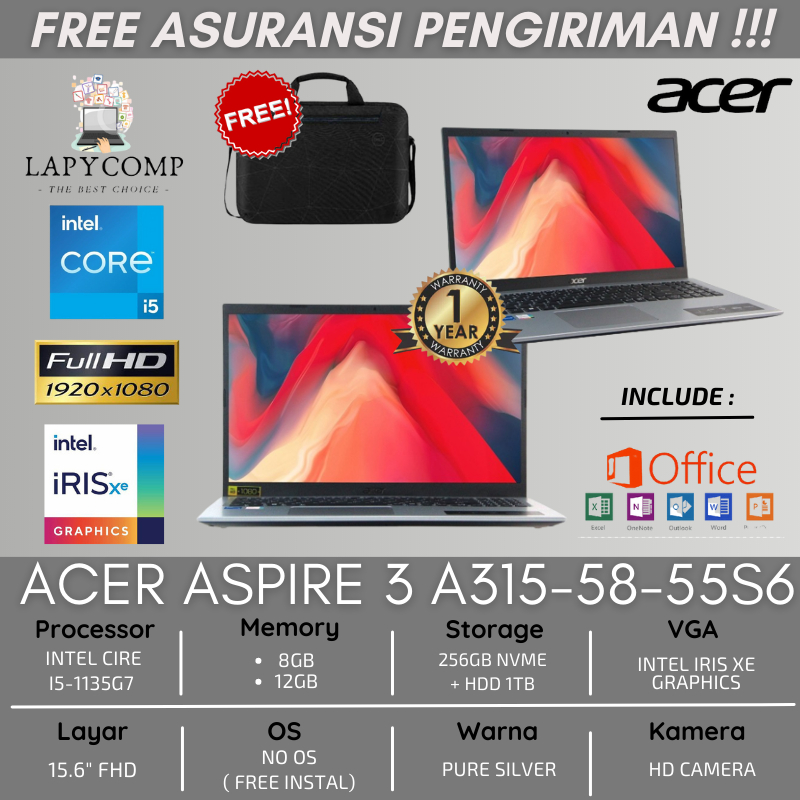 ACER A315-55S6 BARU INTEL i5-1135G7|12GB|COMBO 1TB HDD+256GB SSD|15.6&quot;FHD|WARNA PURE SILVER READY STOK ACER