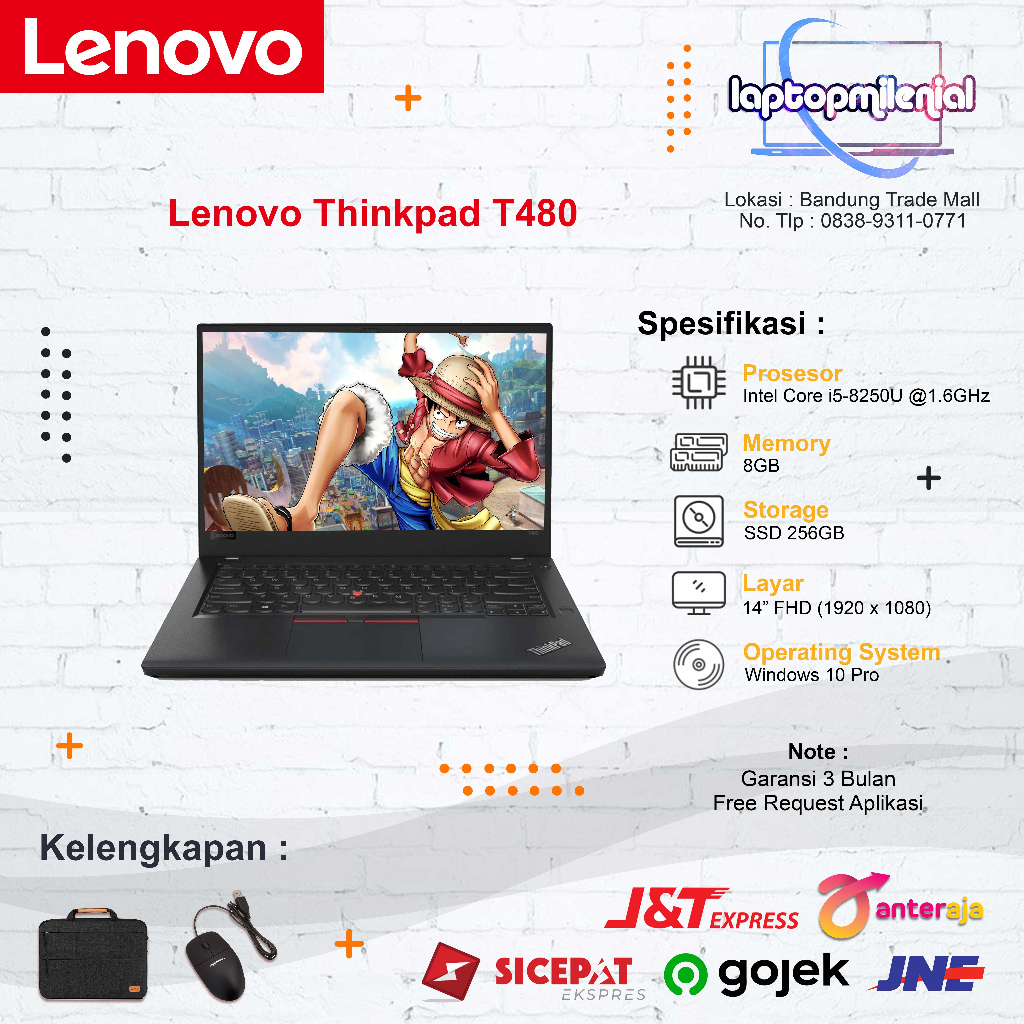 Laptop Murah Lenovo Thinkpad T480 X280 i5 Gen 8Th Ram 8GB 256GB SSD 14 FHD Windows 10 Pro Military Grade