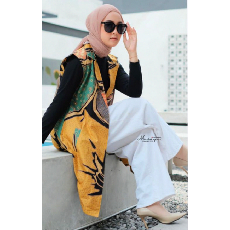 PREMIUM 4 WARNA Outer Palmia Abstrak Batik Cardigan Kuning Motif Katun Outerwear Kerja Formal Casual Wanita Masayu Vest Tanpa Lengan Blazer Kekinian Kantor