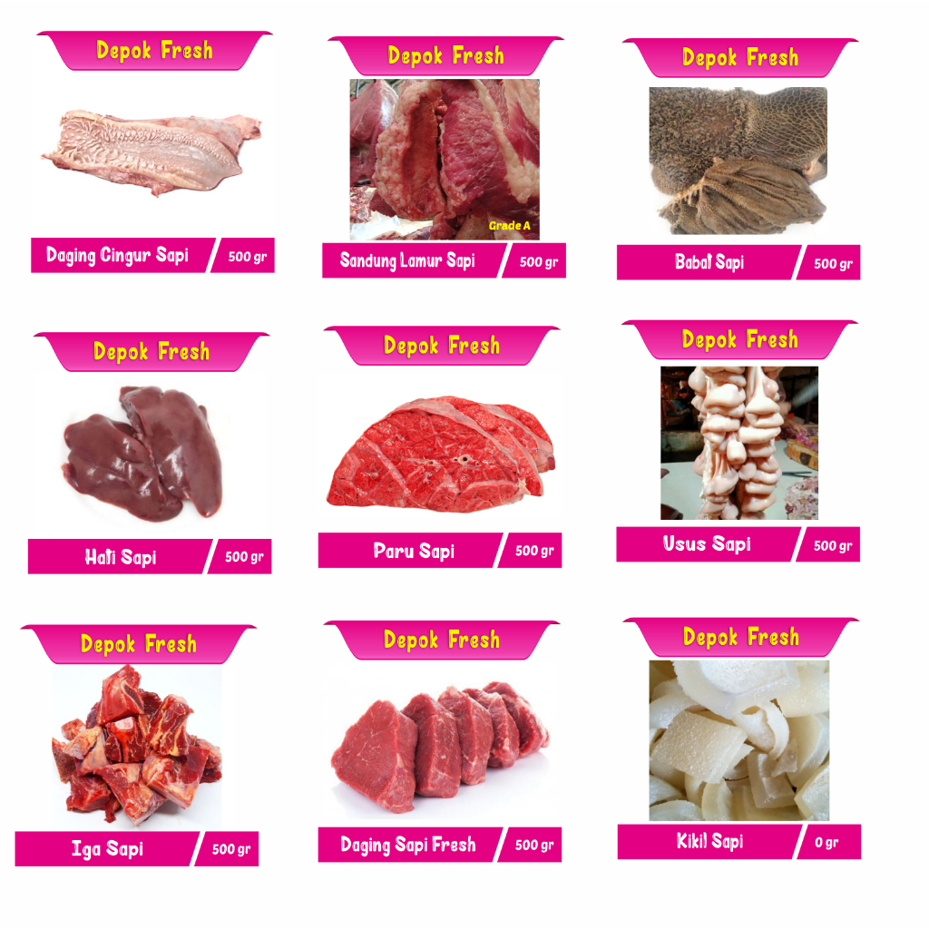 

Daging Sapi Lokal Fresh / Cingur / Sandung Lamur / Babat /Hati / Paru / Usus / Iga / Kikil Sapi
