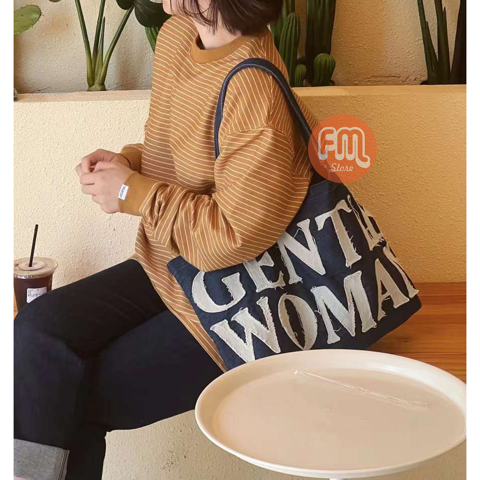NEW Tote Bag Wanita Gentle Woman Denim Canvas Rip Large / Totebag Import