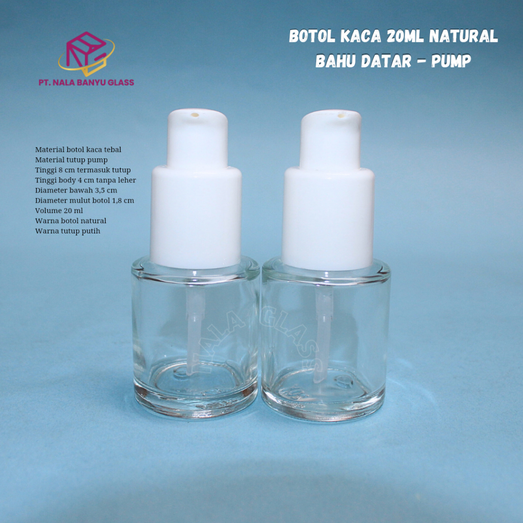 botol kaca 20ml bening bahu datar tutup pump / botol pump treatment 20ml kaca