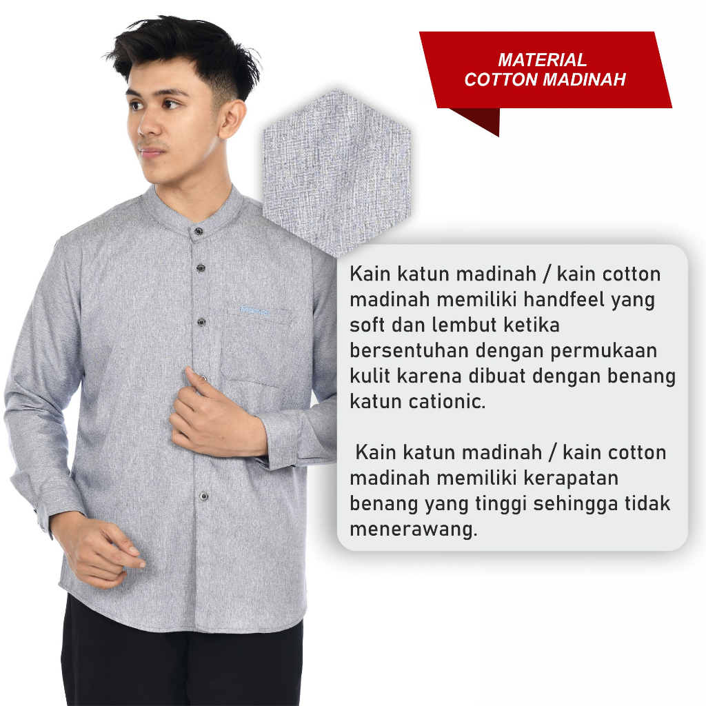 Kemeja Koko Pria Kemko Katun Madinah Premium Lengan Panjang Kerah Chiangi Model Basic Polos