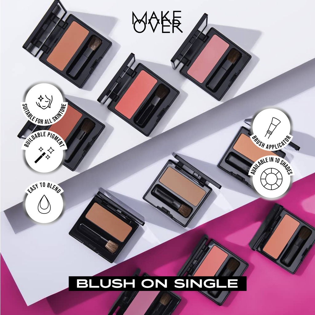 MAKE OVER Blush On Single Indonesia / 6g / Suitable For All Skin Tone / Easy To Blend Buildable Pigment / Brush Applicator / Pressed Powder Blushon Blusher Bedak Perona Pipi / Shade Warna 01 02 03 04 05 06 07 08 09 10 / Cosmetic Makeup Face Make Up Series