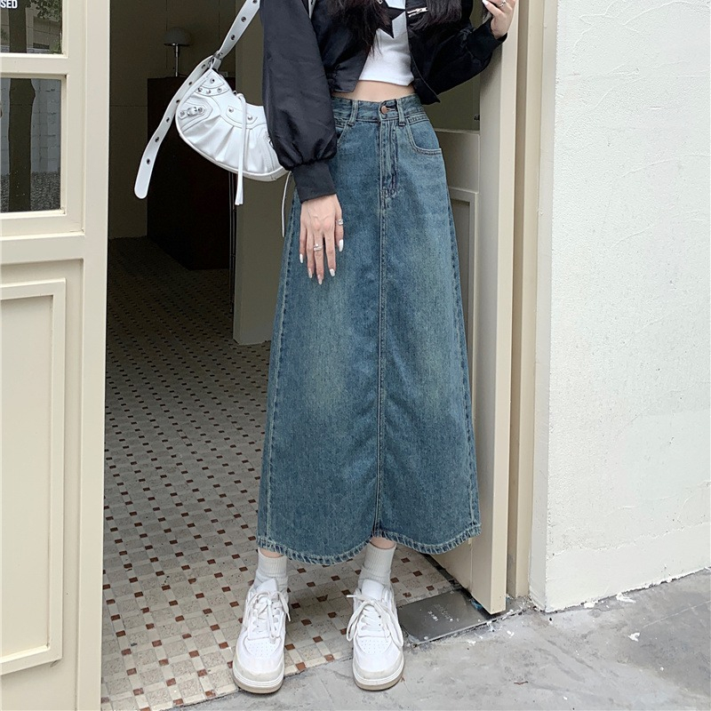 Emily Rok-Rok Midi Denim Fashion Rok A-line Highwaist Biru Retro