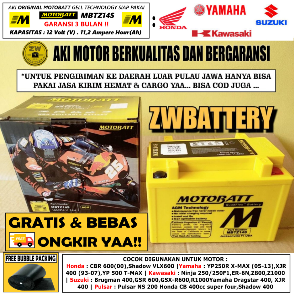 AKI MOTOR KAWASAKI Z800, Z100, ER6N MBTZ14S MOTOBATT QUADFLEX 11.2AH