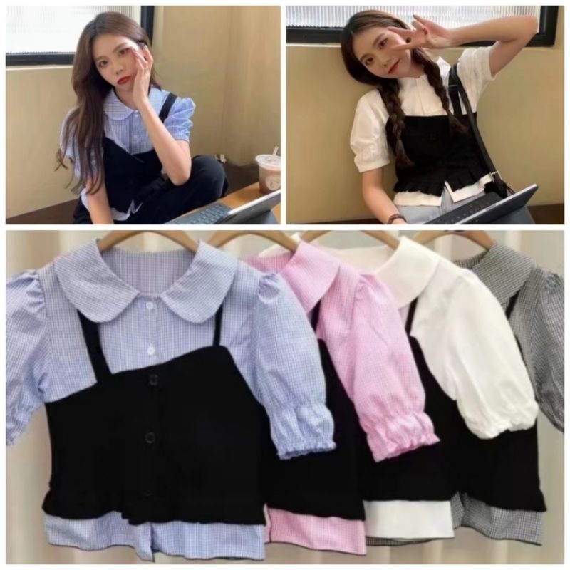 ❤️ IMPORT ❤️ READY ! BECCA COLLAR TWO TONE PLAID BUTTON COMBINATION BLOUSE ( BUSUI FRIENDLY )