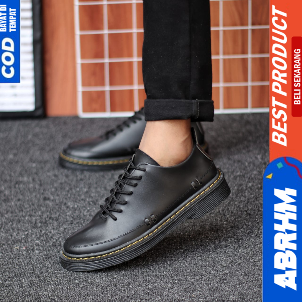 ABRHM Sepatu Docmart Hitam Tali Casual Kulit Pu Formal Pantofel Kerja Hitam Pria