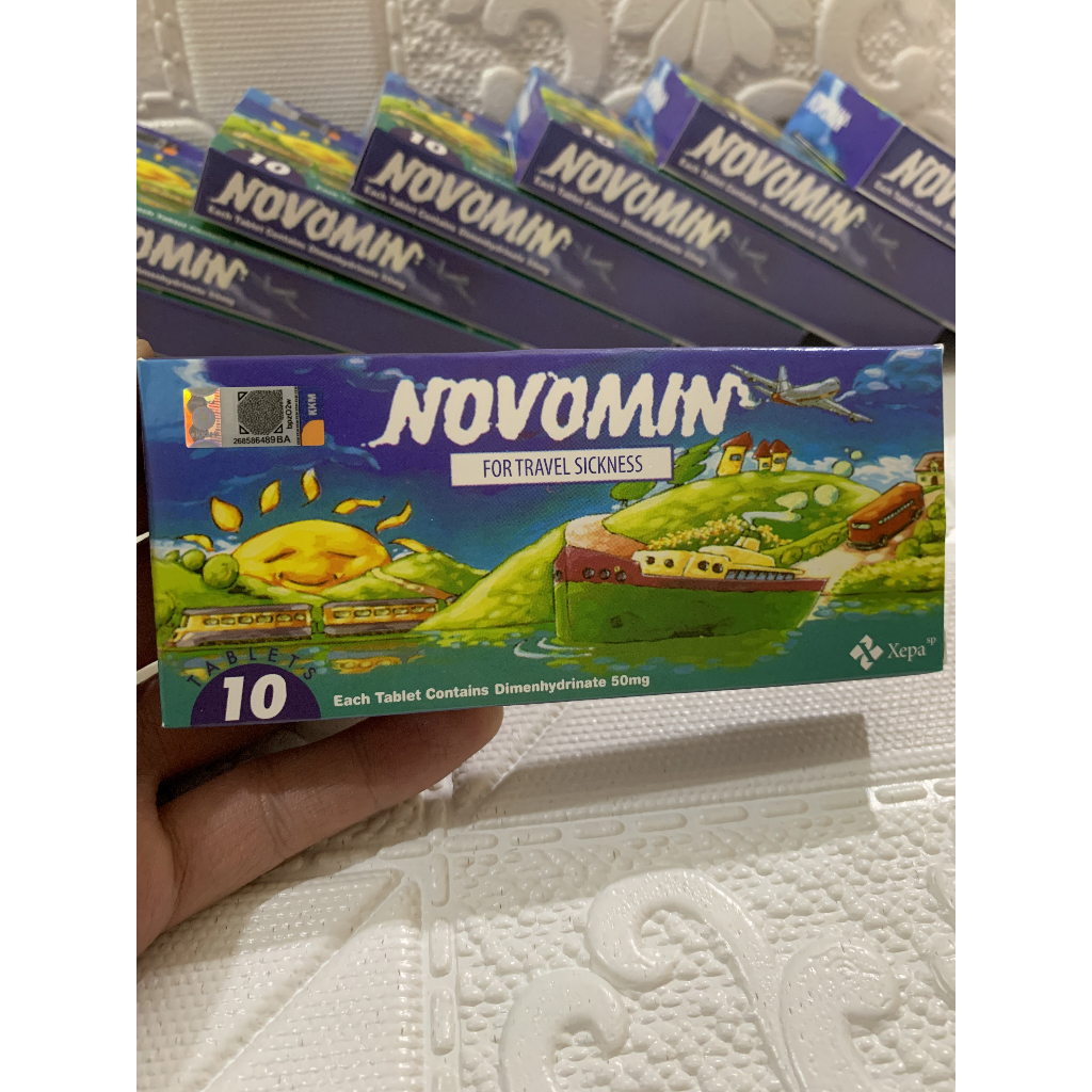 Novomin Obat Anti Mabuk Jalan Darat Laut dan Udara Original import MALAYSIA 1 STRIPE isi 10 biji