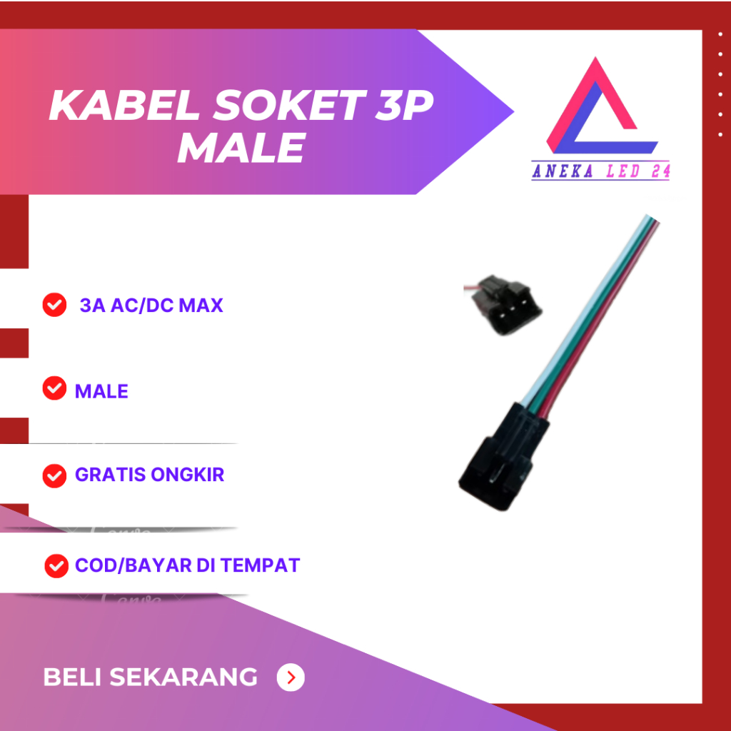 Kabel Soket 3P Terminal Jantan Saja Male 3 Pin Soket