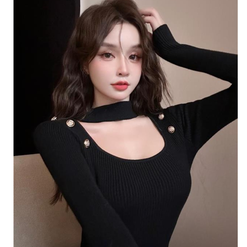 【Premium】Korean T-shirt Long Sleeve Low Cut Rajut 2141