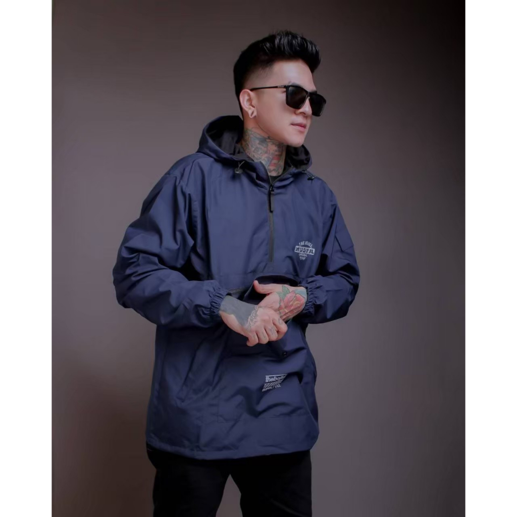 The Bojiel Biru Navy Jaket Cougle Simple Jaket Parasut Jaket Outdoor Jaket Cagoule JNK