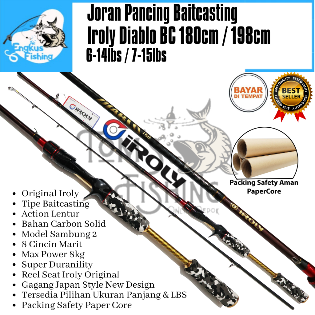 Joran Pancing Iroly Diablo BC 180cm / 198cm Baitcasting (8 Marit) Carbon Solid Lentur - Engkus Fishing