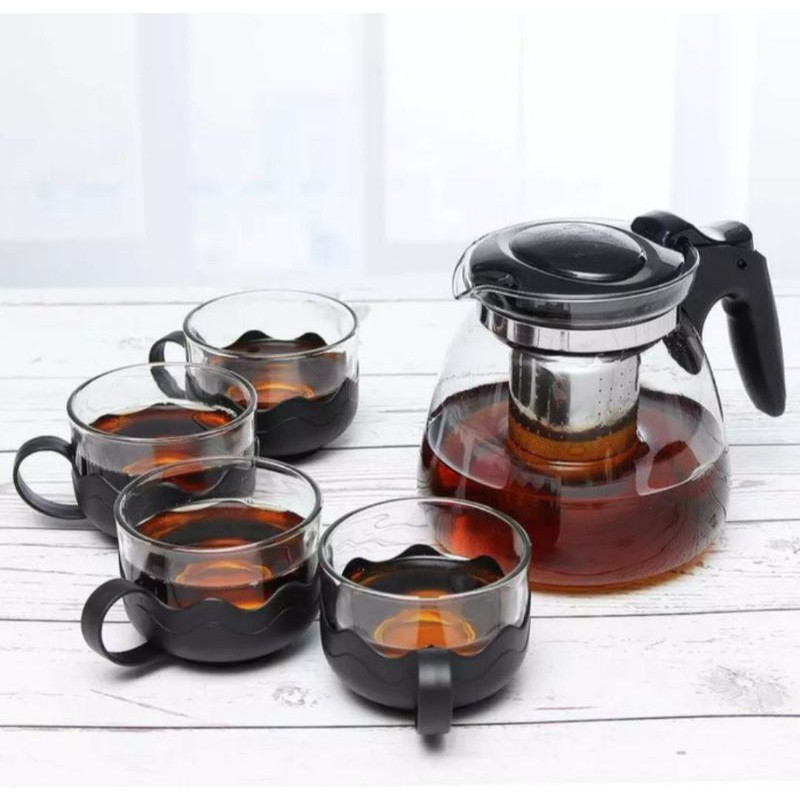 B ( B00065 ) TEA POT KACA DENGAN SARINGAN SET 5 IN 1 PREMIUM / HARGA GROSIR