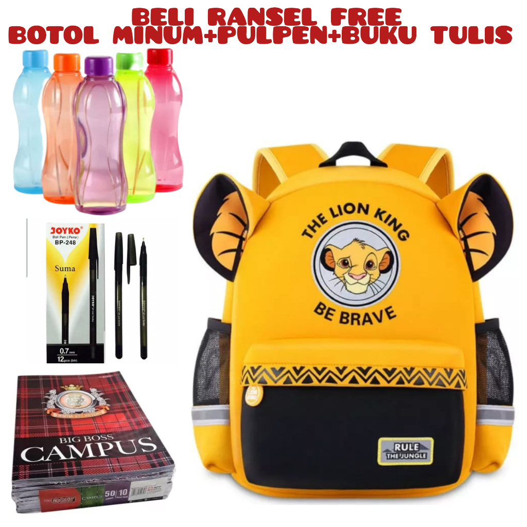 JS_Beli 1 Dapat 4 -Tas Ransel Sekolah Anak Laki-laki Disney Simba The Lion King Tas Sekolah Anak Perempuan Karakter Beli Ransel Free Botol Minum+Pulpen+Buku Tulis