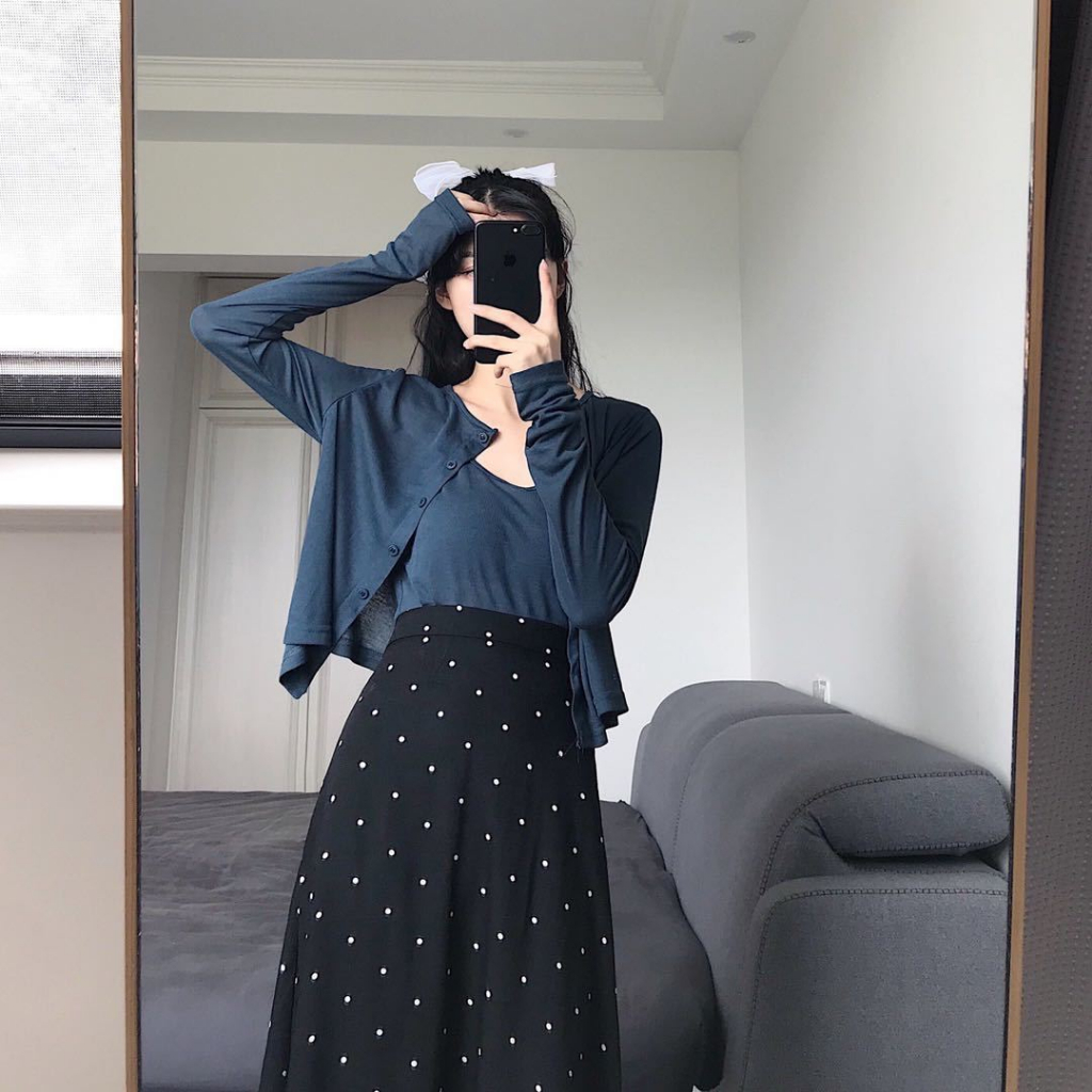 Hitam midi Pinggang Tinggi skirt Rok Putri Duyung Wanita Pola Polka Dot