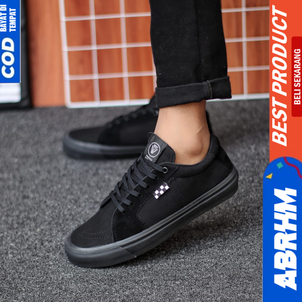 ABRHM Sepatu Sneakers Hitam Polos Tali Ukuran Besar 38-47 Pria