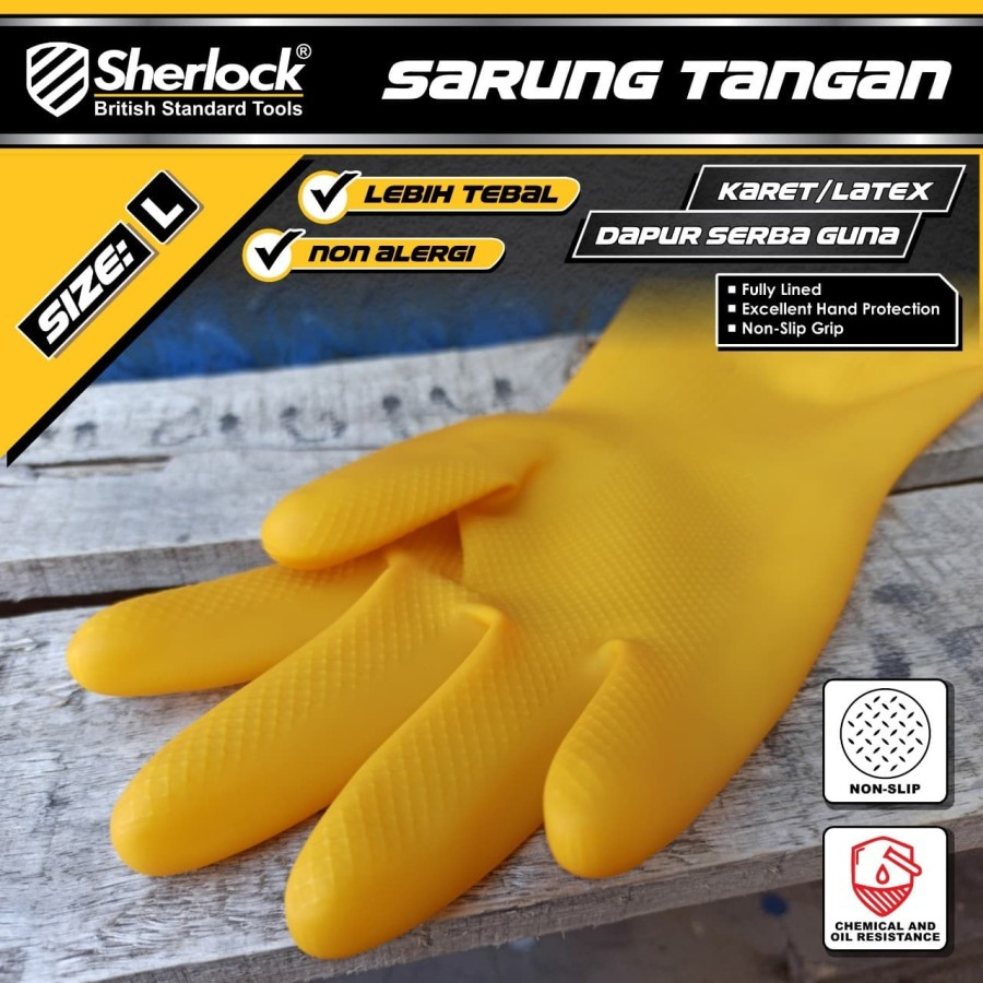 Sarung Tangan Karet Cuci Piring Industrial Grade Premium Latex uk, L Sherlock