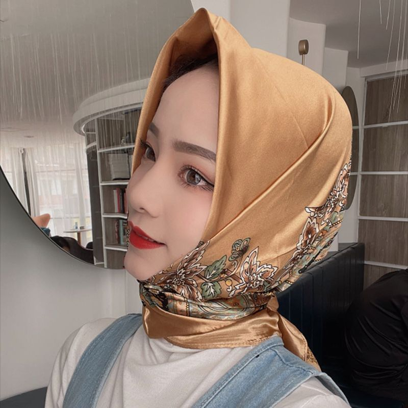 Syal Eropa dan Amerika 90*90Cm Dicetak Sutra Imitasi Satin Syal Syal Persegi Besar Syal Selendang Jilbab Fashion Impor scarf