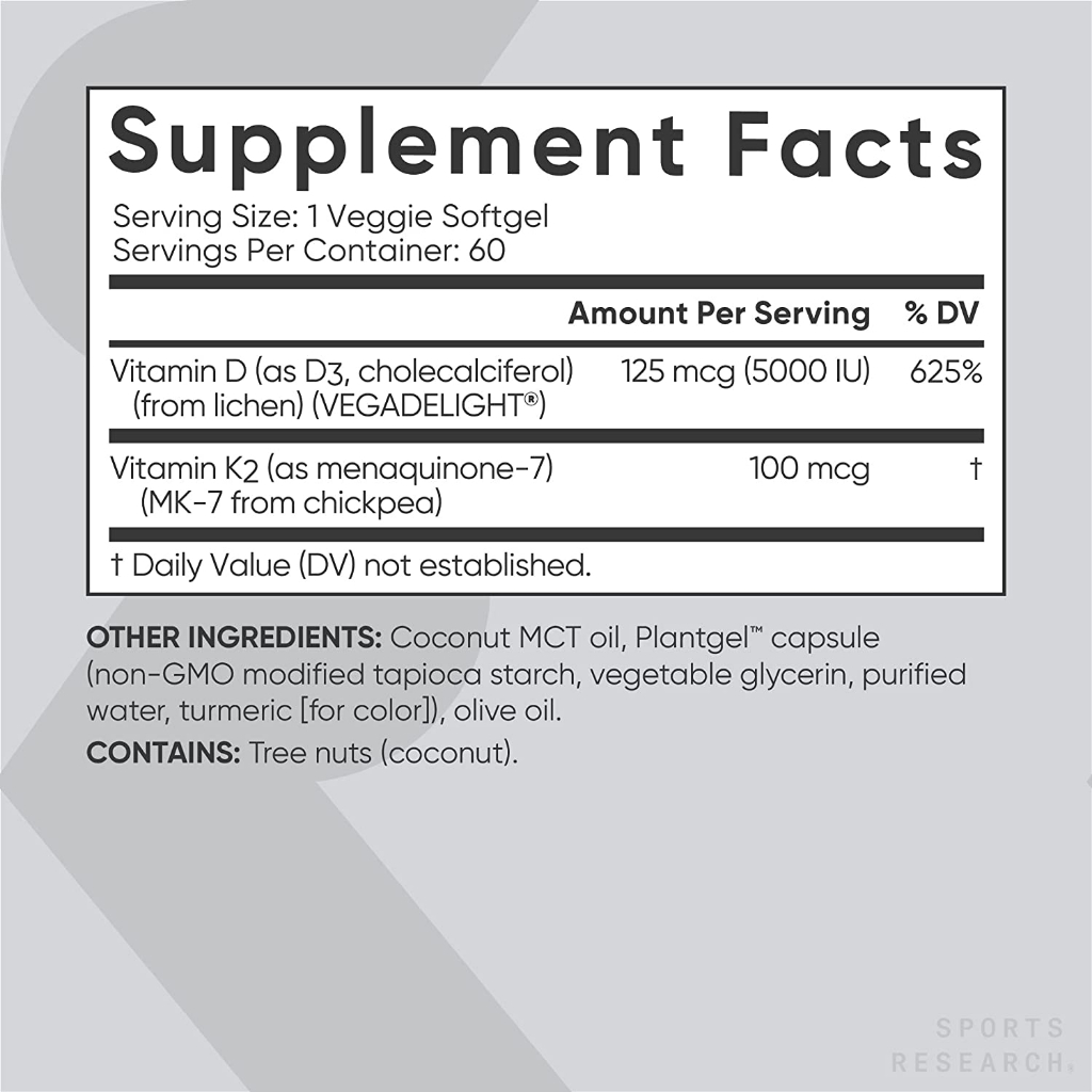 Sports Research K2 100 Mcg D3 5000 IU MK7 Vegan Softgels Plant Based SR