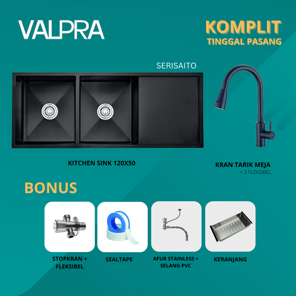 Kitchen Sink Valpra Stainless Black 12050 + Keran + Afur + Keranjang / Bak Cuci Piring 120x50 Hitam 