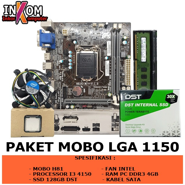 Paket Mobo H81 Socket LGA 1150 DDR3 Plus RAM SSD Processor I3 4150 Fan