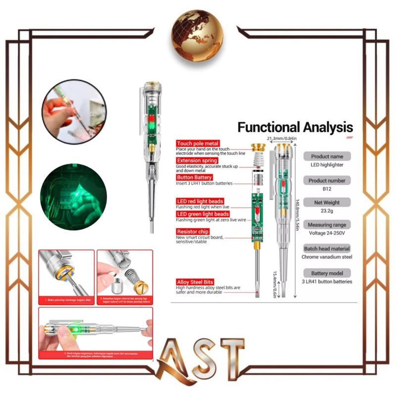 Obeng Tespen minus Test Listrik Tes pen Lampu LED Merah Hijau Tester Sensor Detektor Viral