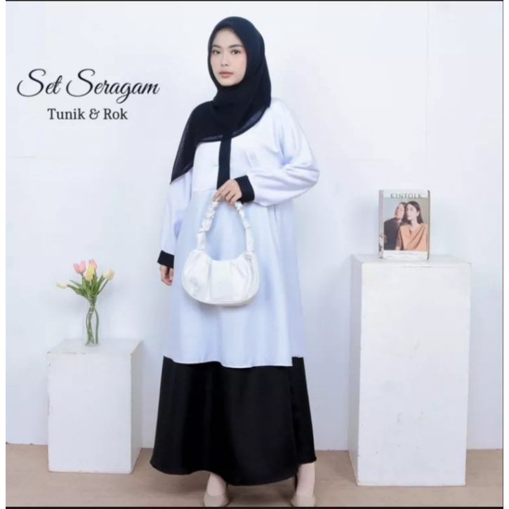 SETELAN HITAM PUITIH {TUNIK + ROK } S-M-L-XL BAHAN SAKILAH /SERAGAM PEMDA /PNS/GURU