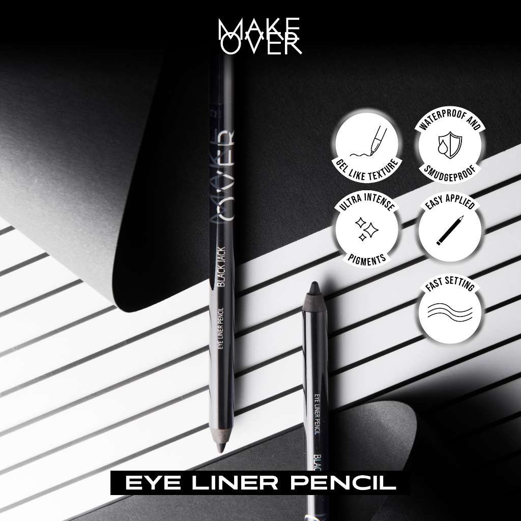 MAKE OVER Eye Liner Pencil Indonesia / Pensil Eyeliner 1.2g / Absolute Intensity Ultra Intense Pigments Waterproof Smudgeproof Easy / Shade Warna Black Jack Brown Latte Navy Blue Nude Sleek Silver Lines White Techno / Cosmetic Makeup Eyes Make Up Series