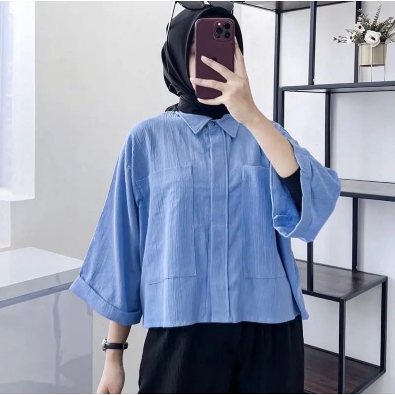 Kemeja Crop Pocket Linen Crinkle - Cozie Top Blouse Linen Crinkle Terbaru