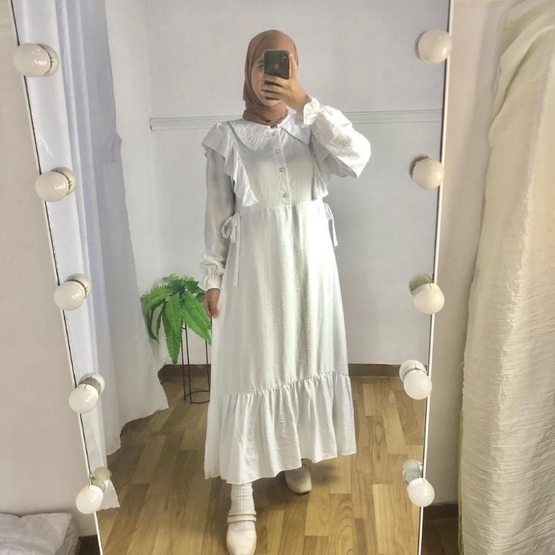 Gamis Midi Dress Putih Polo Linen