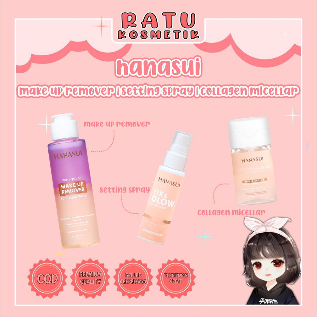 ❤ RATU ❤ Hanasui Collagen Micelar Cleansing Water | Fix &amp; Glow Setting Spray 60ml | Waterproof Make Up Remover + Collagen Water 100ml | Pembersih Make Up