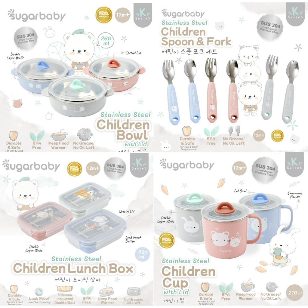 Sugar Baby Stainless Steel Children SUS 304 Lunch Box / Cup / Spoon &amp; Fork / Bowl Perlengkapan MPASI K Series CBKS
