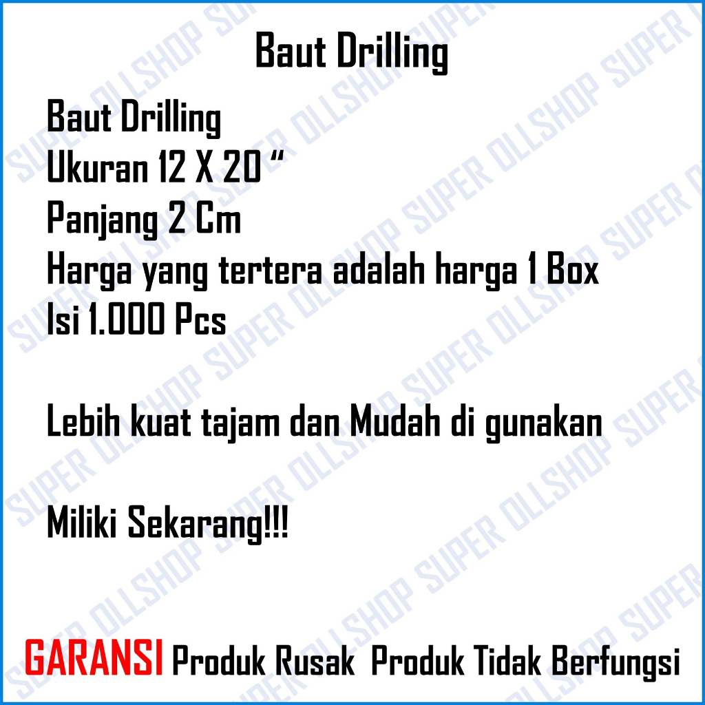 Baut Drilling Skrup Sekrup Roofing Baja Ringan Kuning Panjang 2 Cm 12x20 Harga 1 Kotak